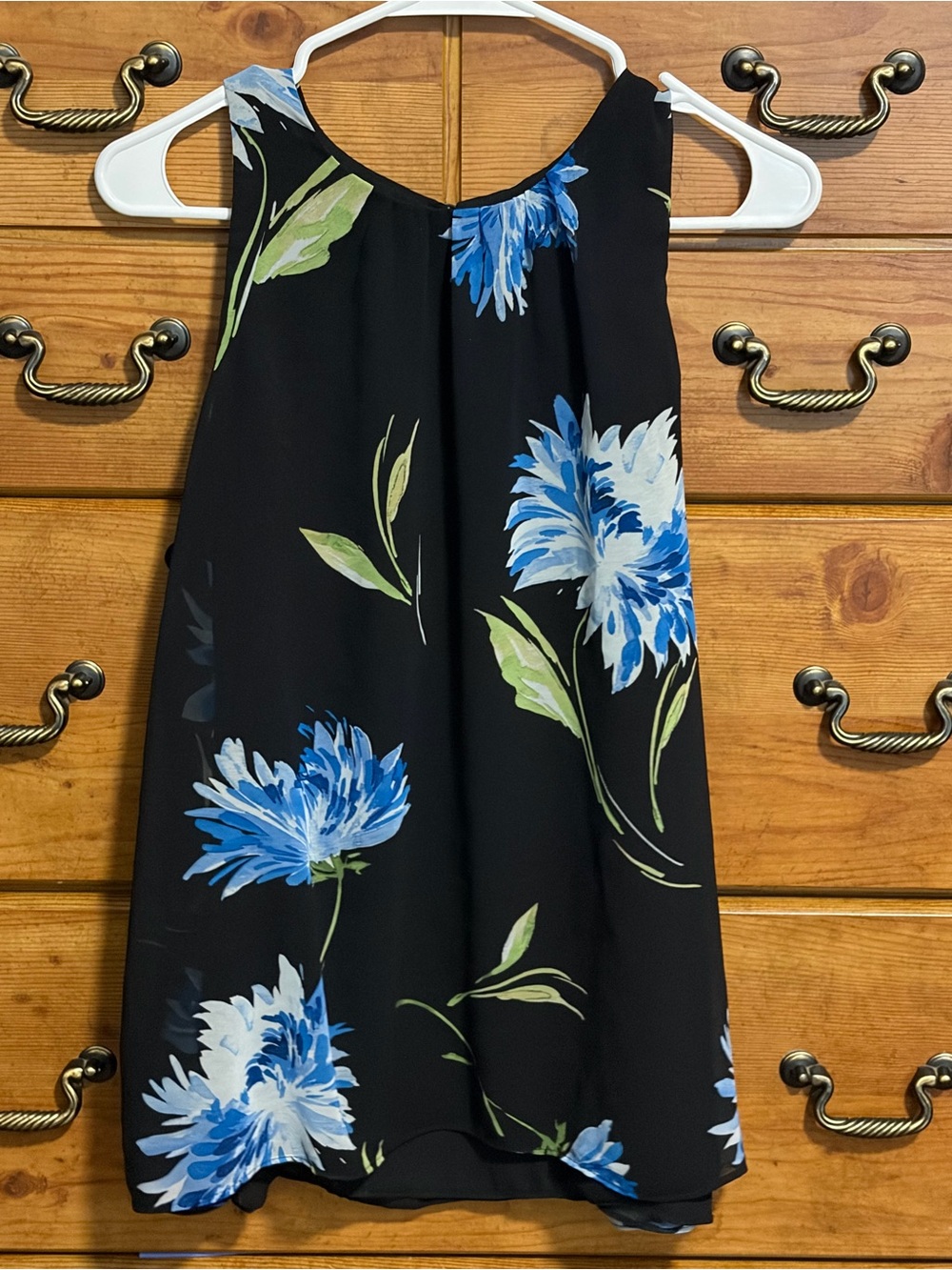 Vince Camuto Black Sleeveless Halter Top with Blue Floral Print
